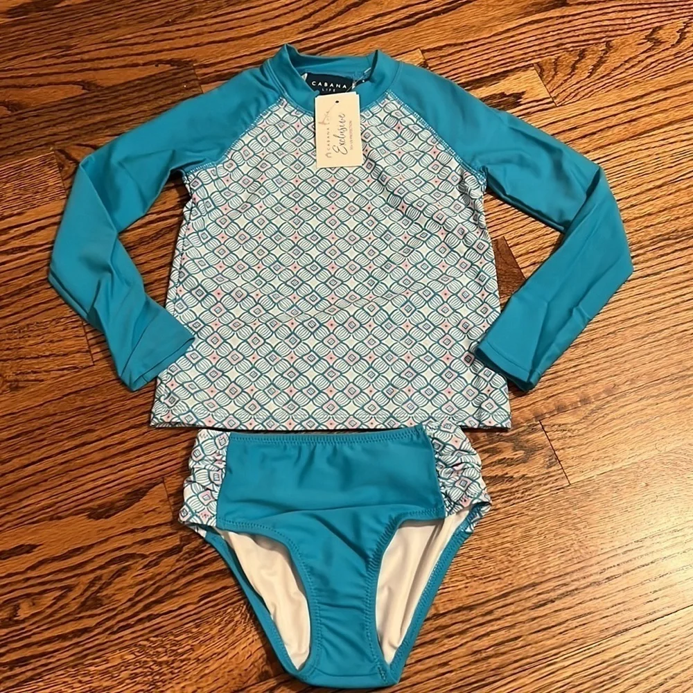 NEW Cabana Life | Girls Printed Rash Guard and Bikini Bottoms Set - UPF 50+ Sz 4